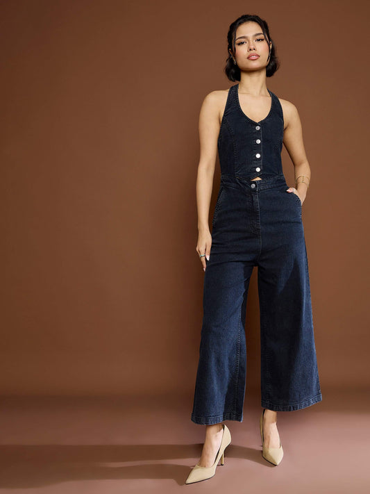 Women Black Washed Denim Halter Neck Jumpsuit